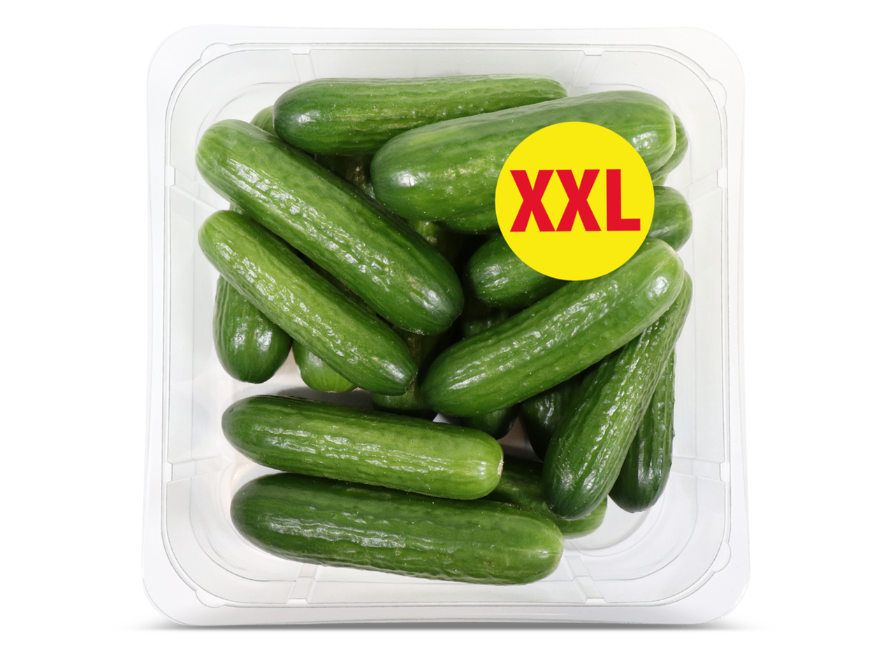 Een doorzichtige plastic bak gevuld met mini-komkommers, met een geel XXL-label.