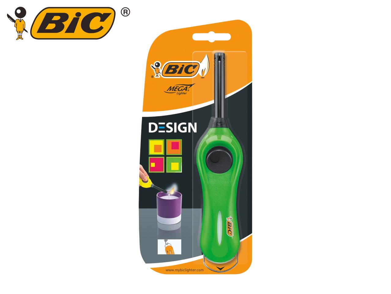 Green long-reach lighter in packaging, with a candle being lit and design elements.