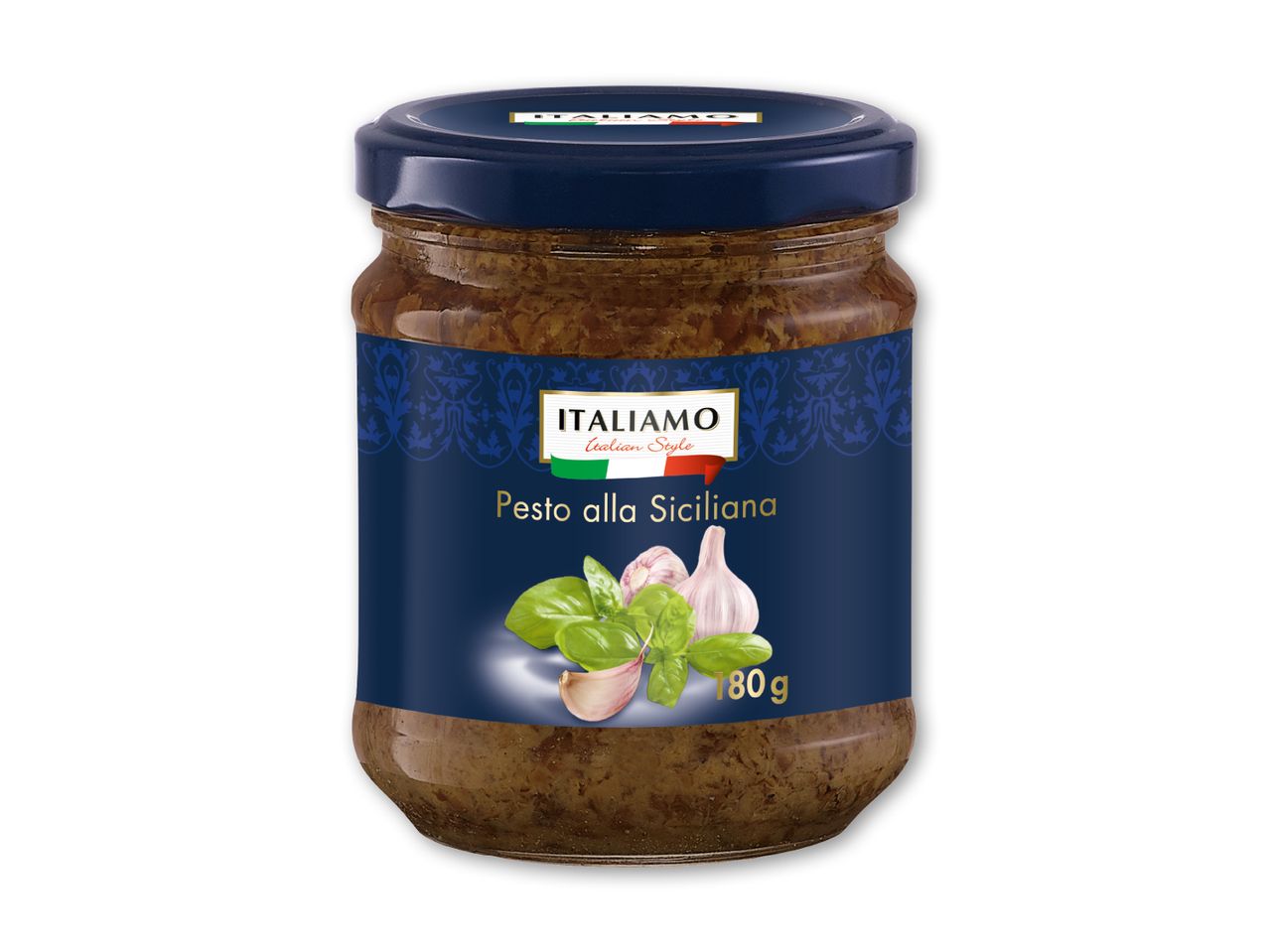 Glas med siciliansk pesto med basilikum og hvidløg, 180g.