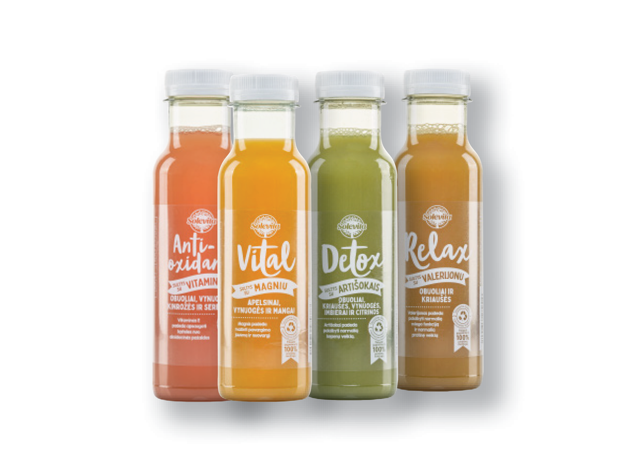 Keturios 'Solevita' sulčių buteliukai: Antioksidantų, Vital, Detox ir Relax.