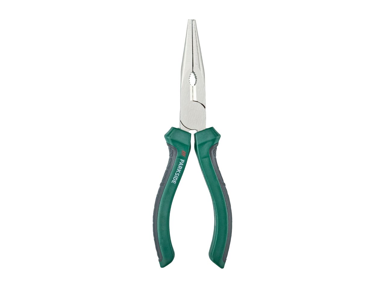 Long nose pliers with green and black handles