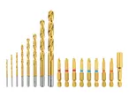A set of golden drill bits and screwdriver bits, including Phillips, Pozi, and slotted types.
