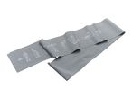 Grey resistance band with white exercise illustrations, laid out on a white background.