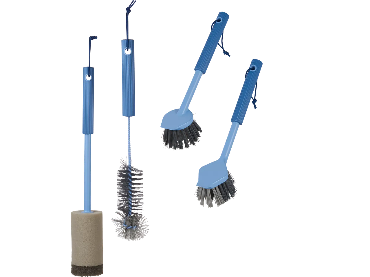 Set med blå rengöringsborstar med ergonomiska handtag.