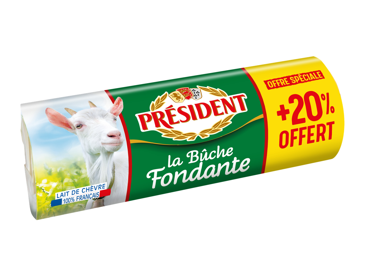 Bûche de chèvre fondante avec une offre spéciale de +20% offert.