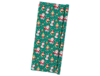 Crelando wrapping paper with a Christmas pattern of Santa, elves, and snowmen.