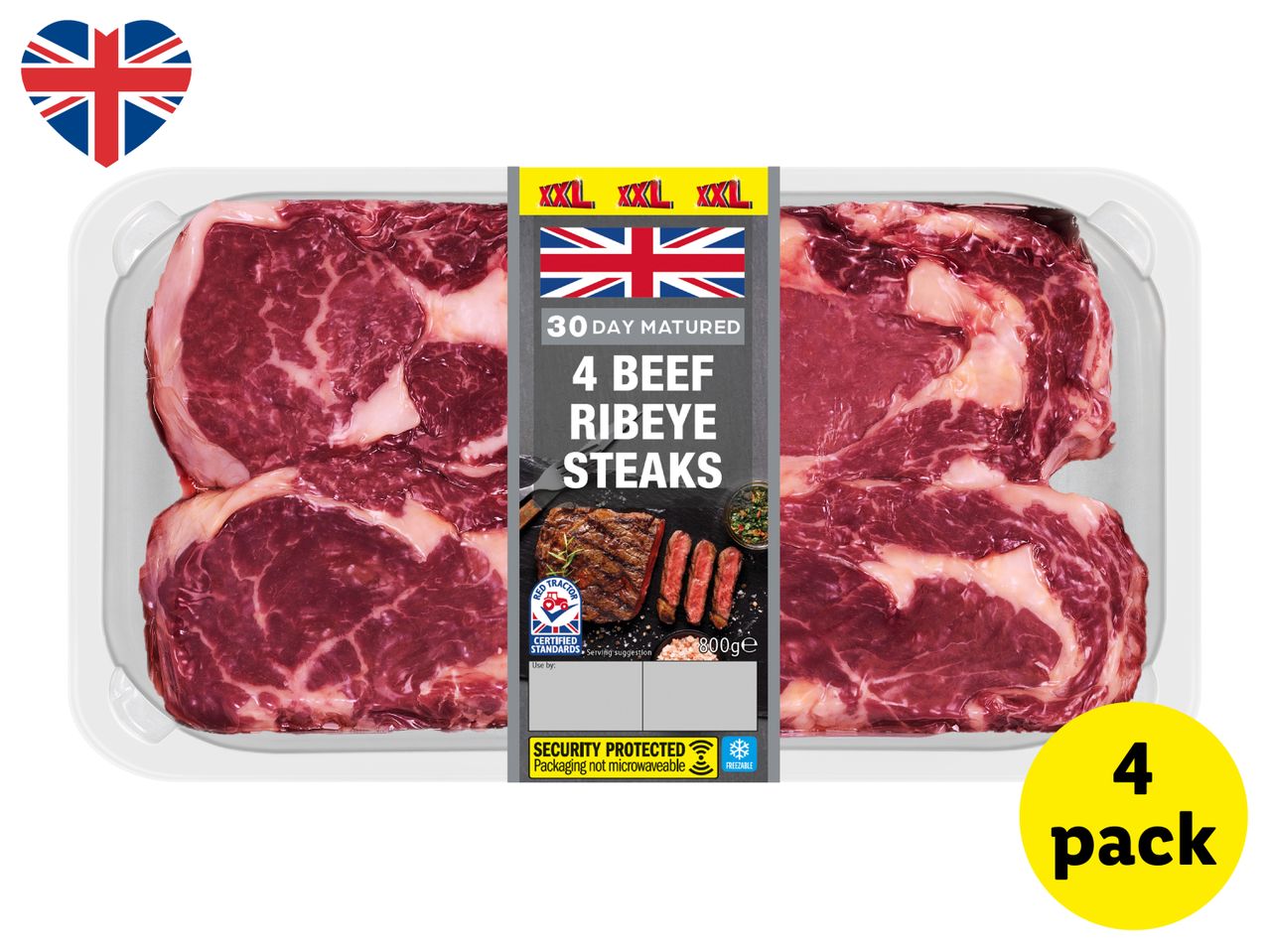 Pack of four 30-day matured beef ribeye steaks, 800g, with a Union Jack heart.