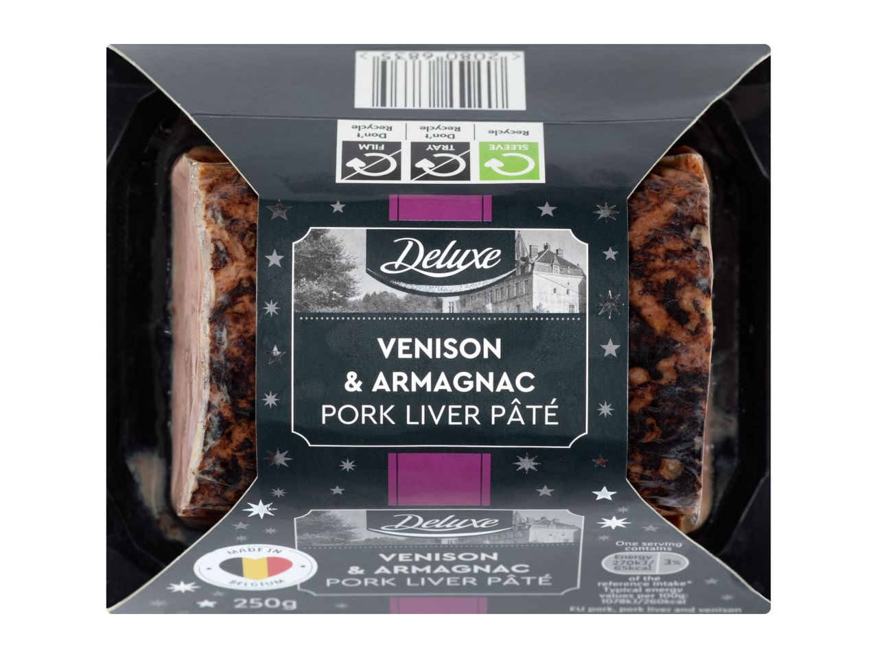 Deluxe Venison & Armagnac Pork Liver Pâté in a black and dark grey package.
