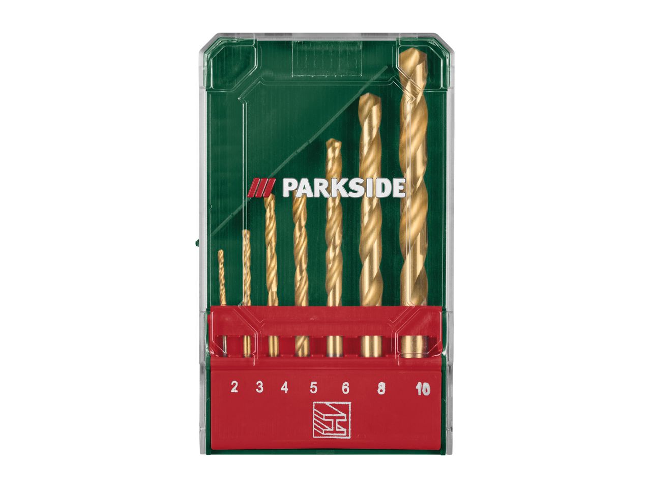 A set of gold-colored drill bits in a clear and green plastic case with a red base.