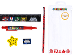 A stationery set featuring a ruler, pen, pencil, eraser, and badge, all with a gaming theme.