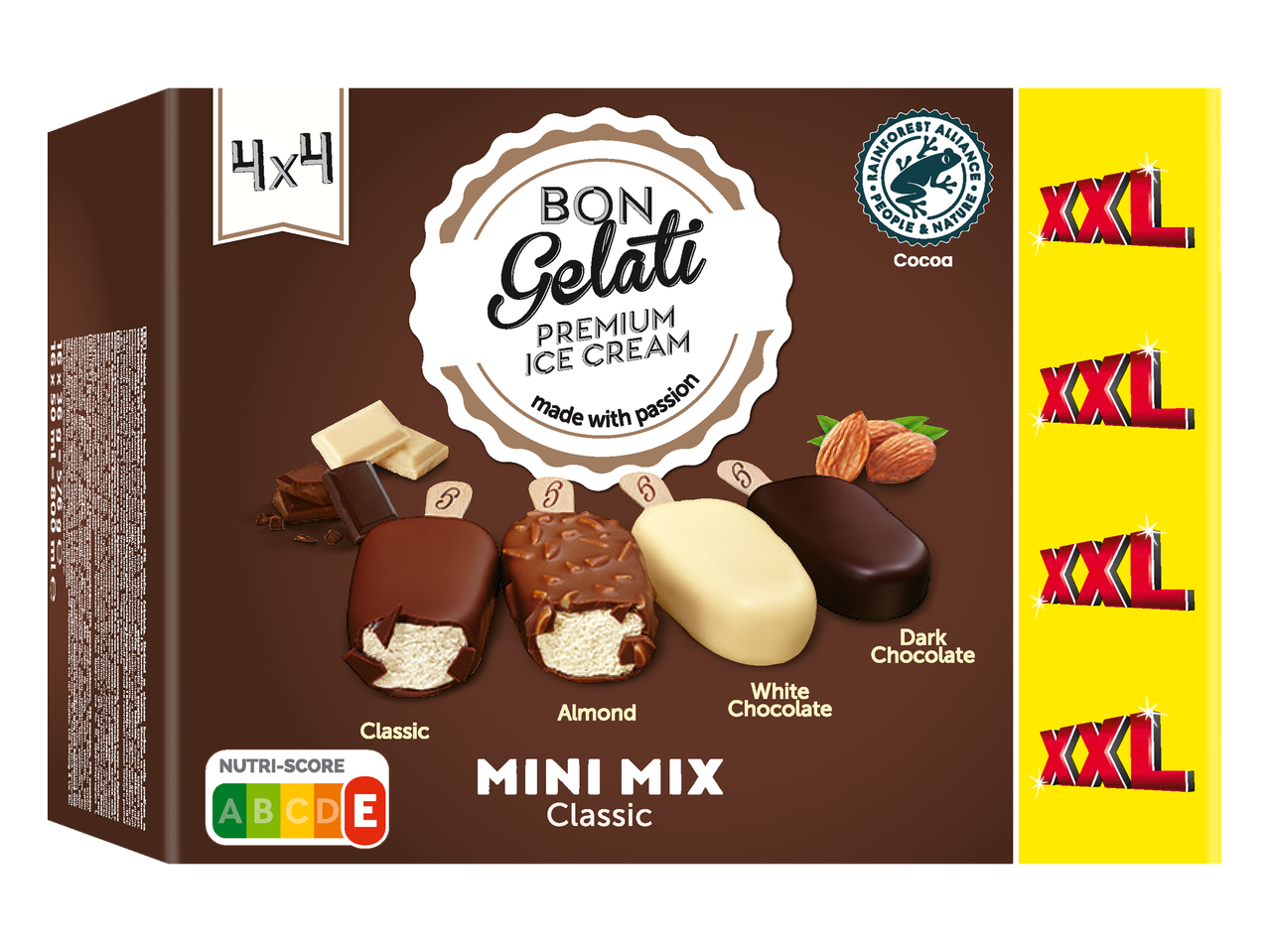 Bon Gelati Mini Mix Classic ledų dėžutė su keturiais XXL ledų pagaliukais.