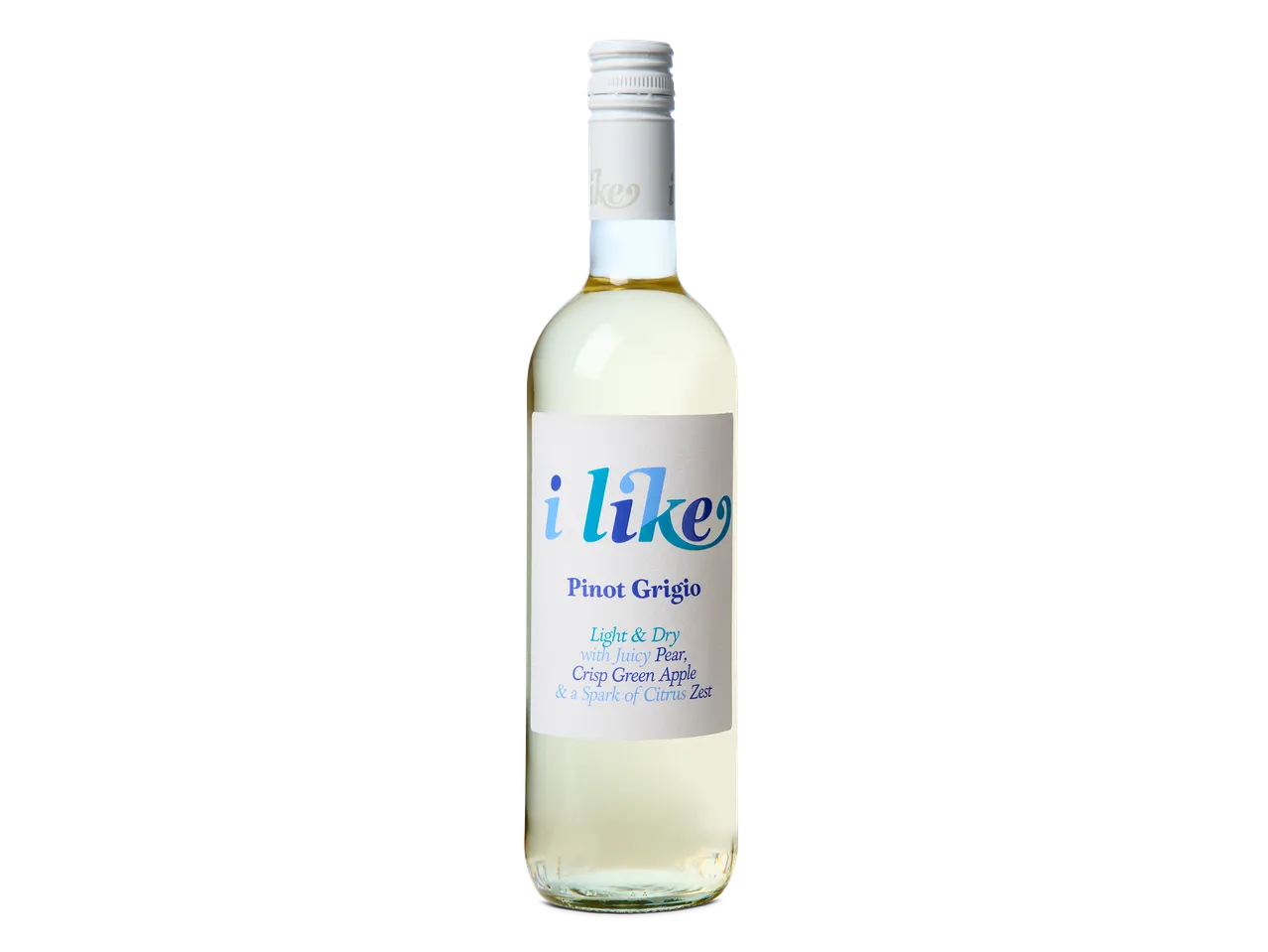 Fles witte wijn met een wit etiket met blauwe tekst 'i like Pinot Grigio' en smaaknotities.
