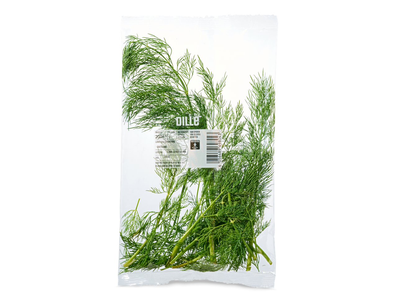Verpakking verse dille met productinformatie en streepjescode.