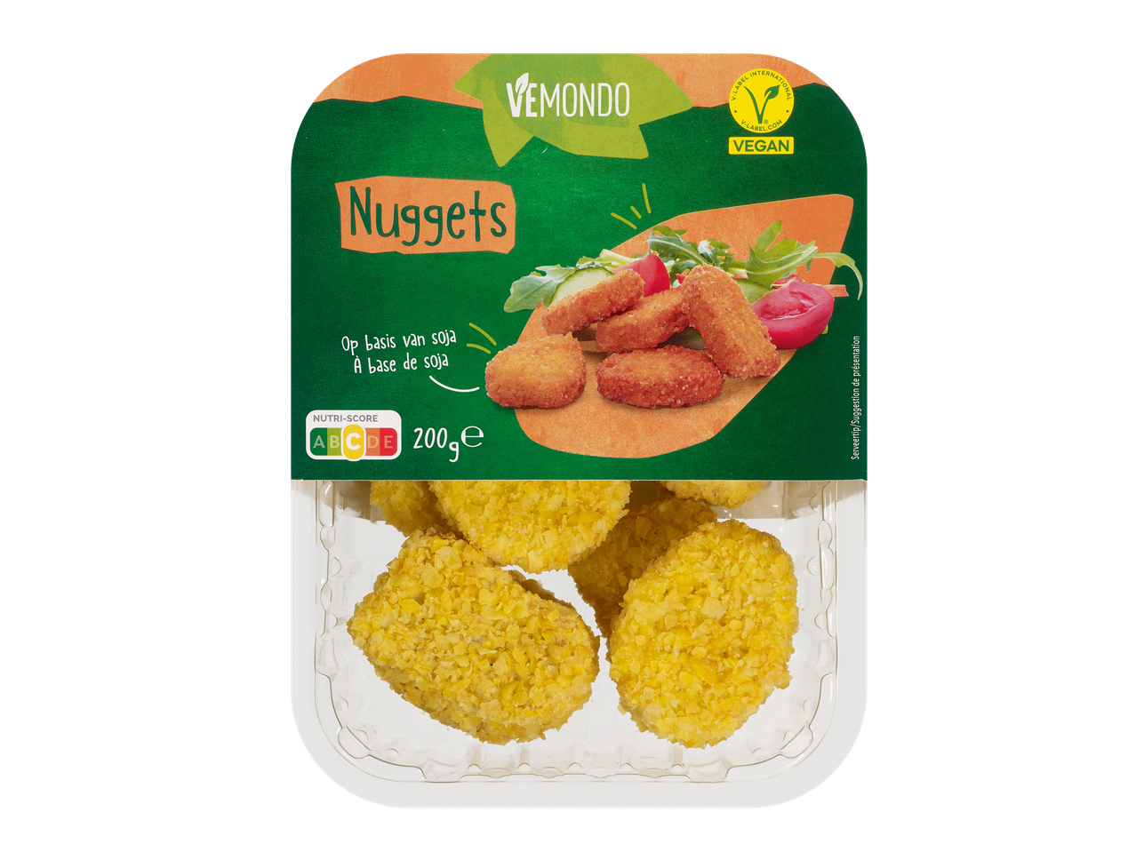 Nuggets végétaliens Vemondo à base de soja, emballage de 200g avec Nutri-Score C