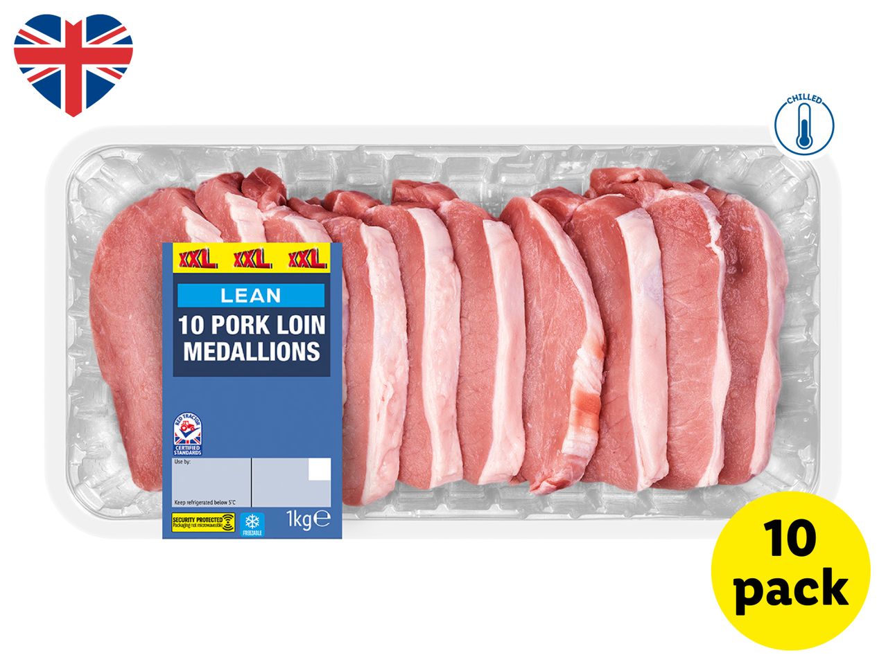 A tray of 10 lean pork loin medallions, 1kg, with a 'chilled' label and a Union Jack heart.