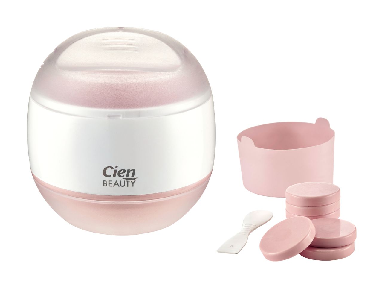 Un ensemble de produits de beauté Cien, avec un appareil de nettoyage facial et des accessoires roses.