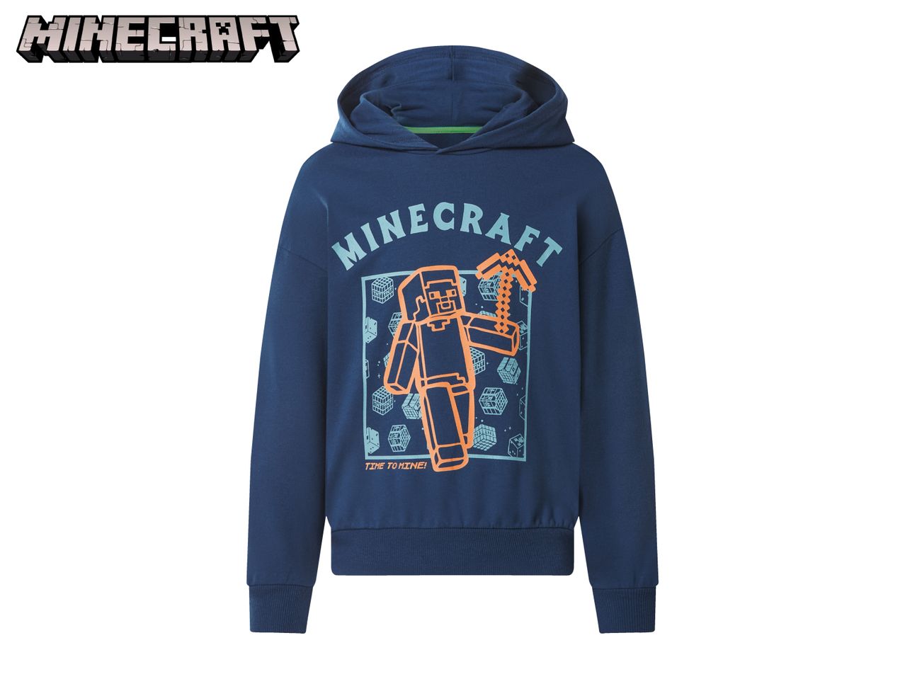 Blue hoodie with a Minecraft character holding a pickaxe and the text 'TIME TO MINE!'