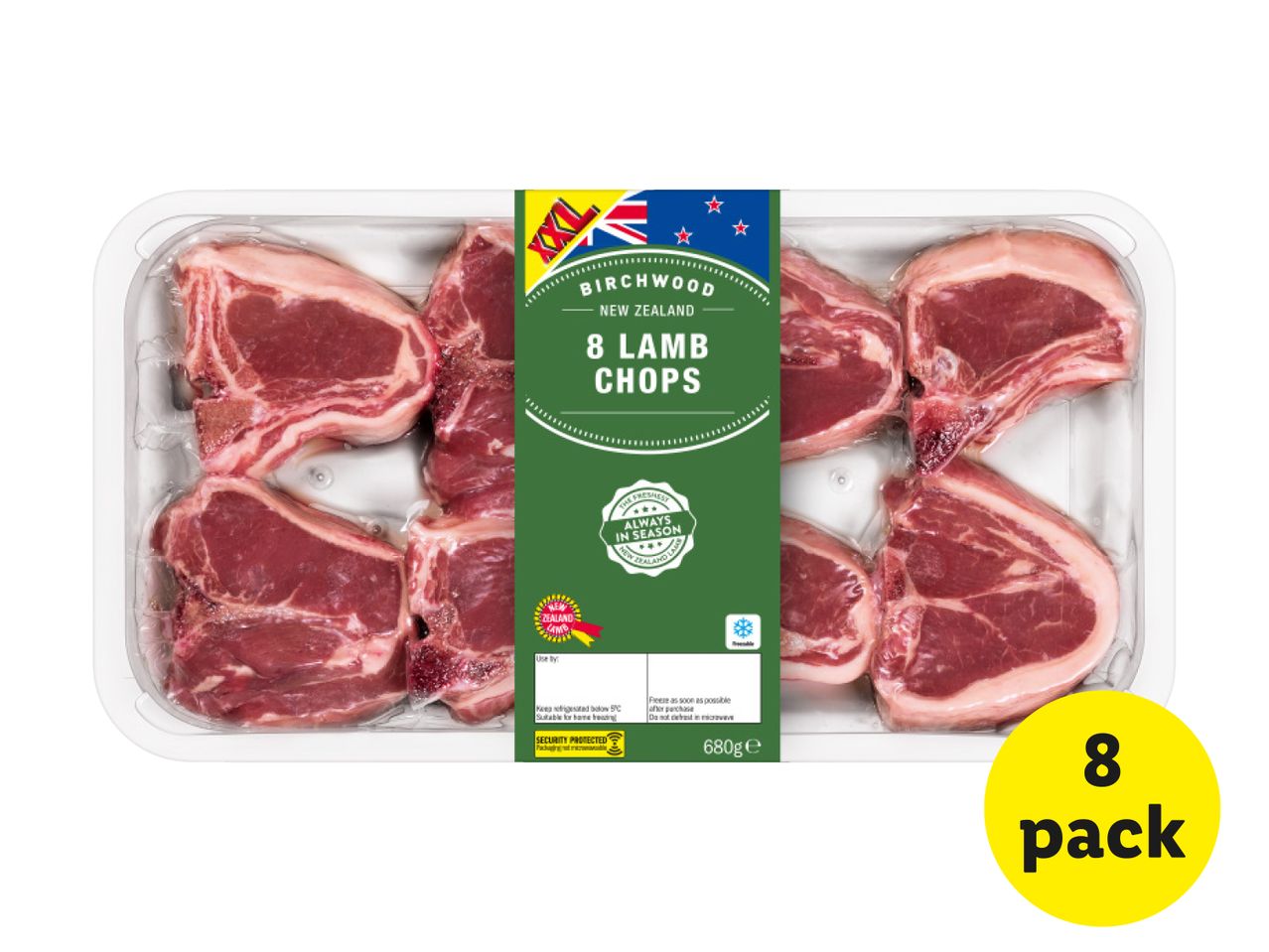 A clear plastic tray of Birchwood New Zealand 8 Lamb Chops, with a yellow '8 pack' sticker.