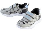 Two gray Mickey Mouse sneakers with blue accents and hook-and-loop closures.