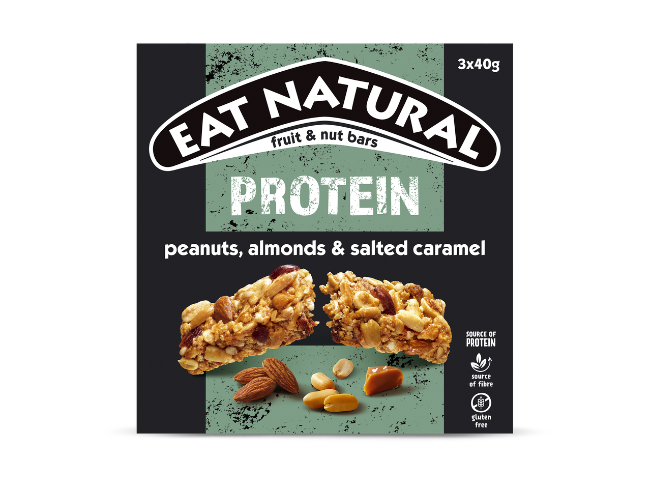 Verpakking van proteïnerepen met pinda's, amandelen en gezouten karamel, 3x40g.
