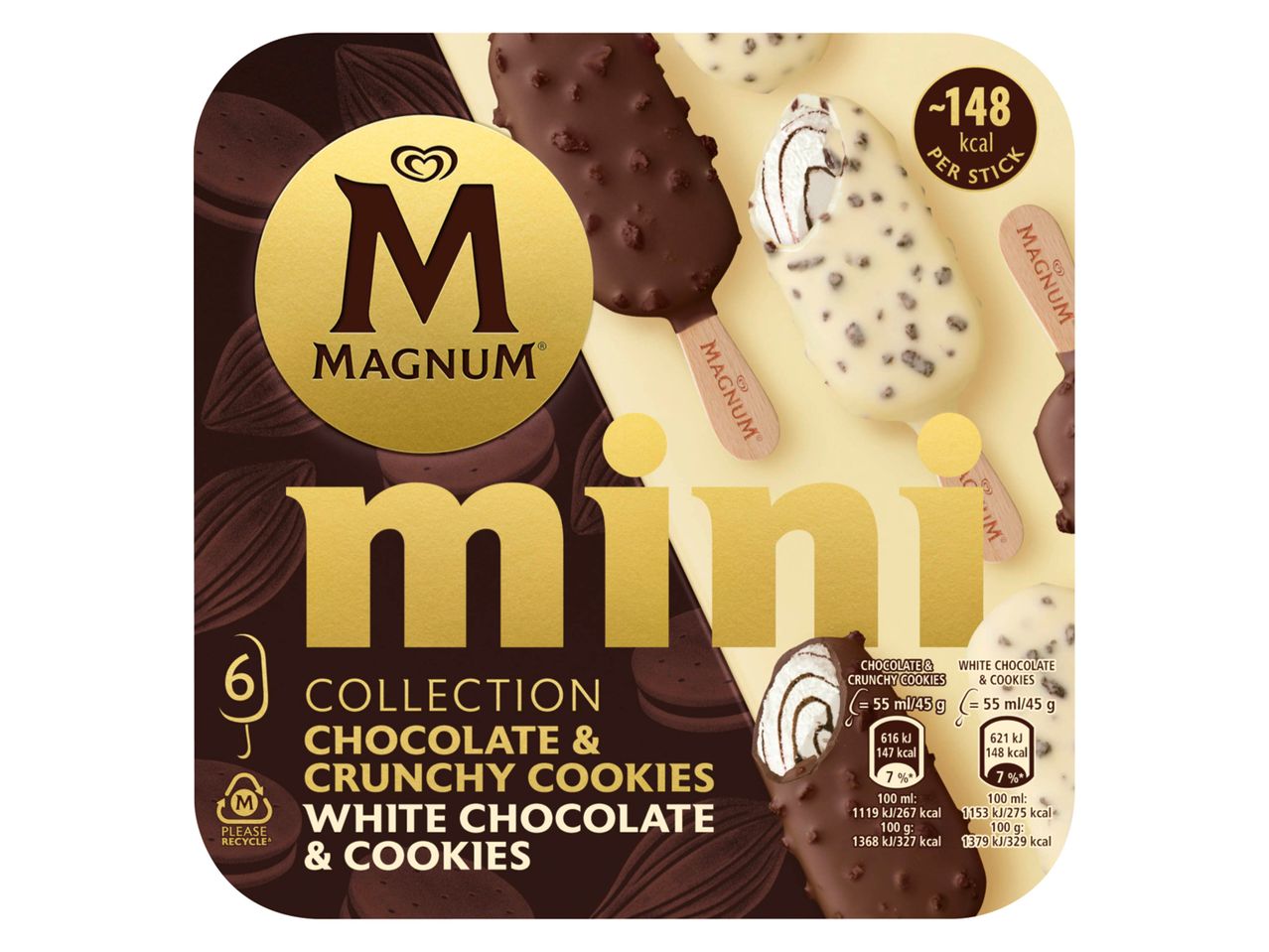 Boîte de six mini-glaces Magnum, chocolat et biscuits croquants, et chocolat blanc et biscuits.