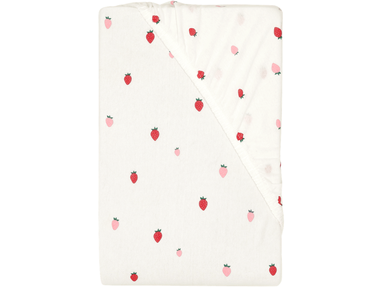Beli čaršav sa lastišem sa printom crvenih i roze jagoda.