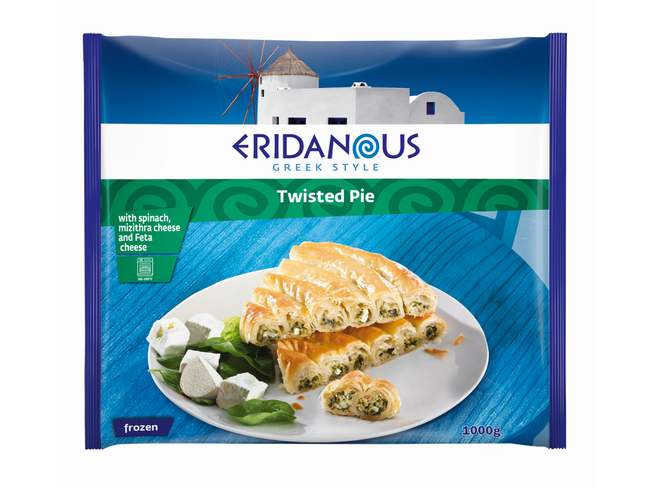 Eridanous: frozen Greek twisted pie with spinach and feta cheese.