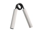 Hand grip strengthener with black spring and textured silver handles.