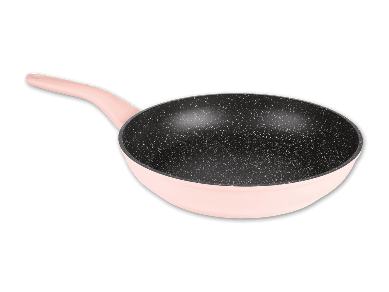 Rosa beschichtete Bratpfanne mit schwarzem Granit-Muster.