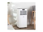 White portable air conditioner with a digital display showing '08' in a living room setting.