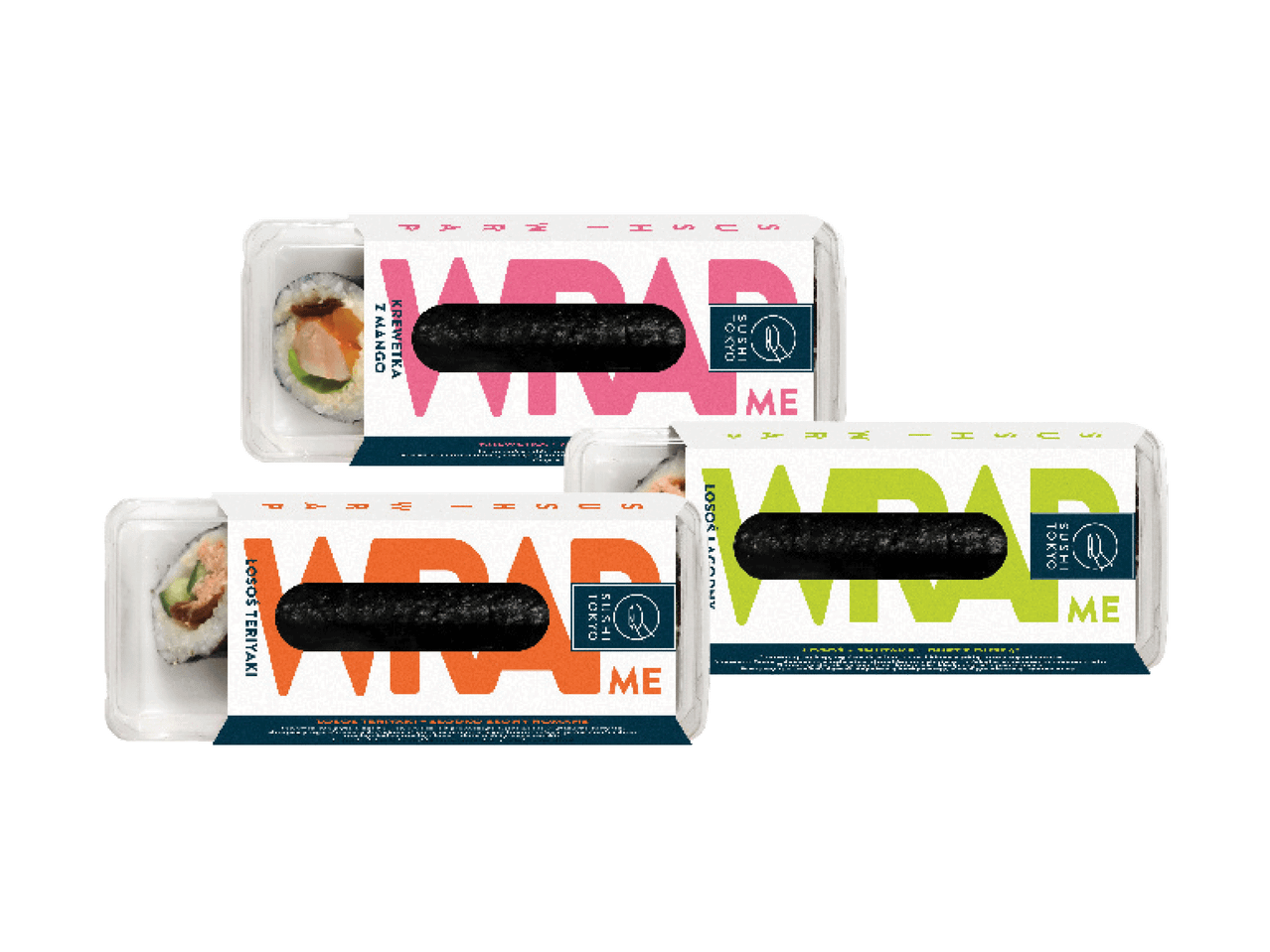 Trys „Sushi Tokyo Wrap Me“ sušių pakuotės su skirtingais skoniais.