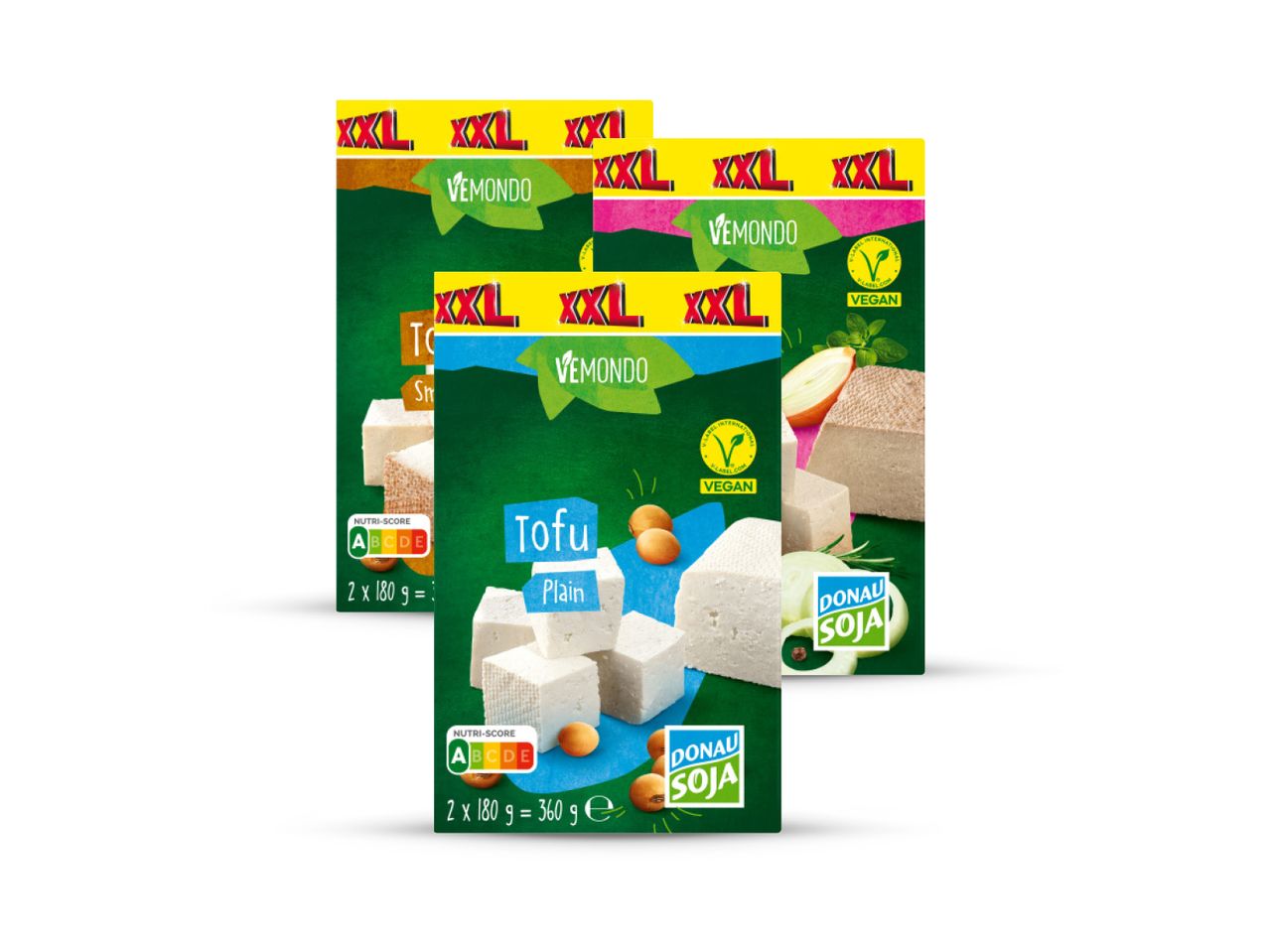 Tri pakiranja veganskih tofua Vemondo marke Donau Soja.
