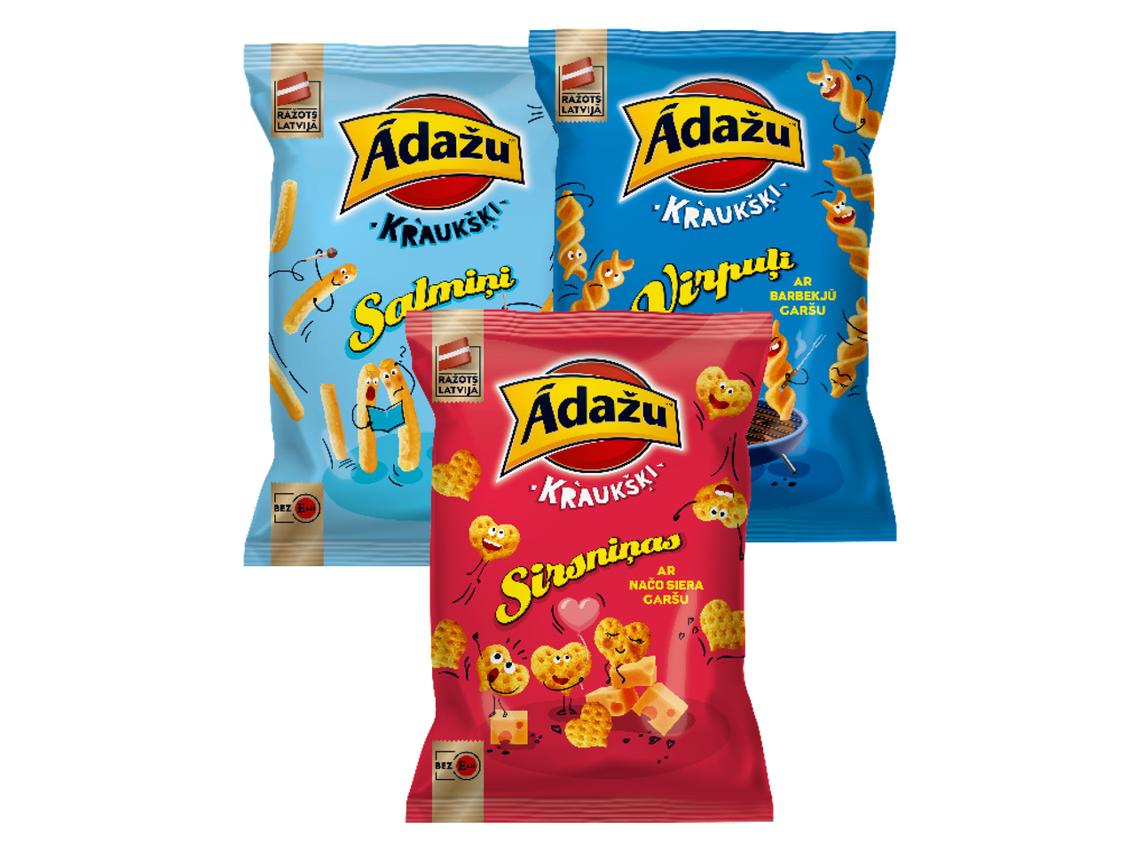 Trīs Ādažu Kraukšķi čipsu pakas: Salmiņi, Virpuļi ar barbekjū garšu un Sirsniņas ar načo siera garšu.