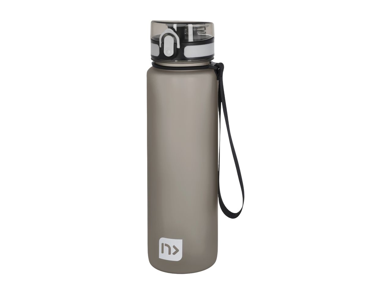 A grey water bottle with a black and white lid and a black carrying strap.