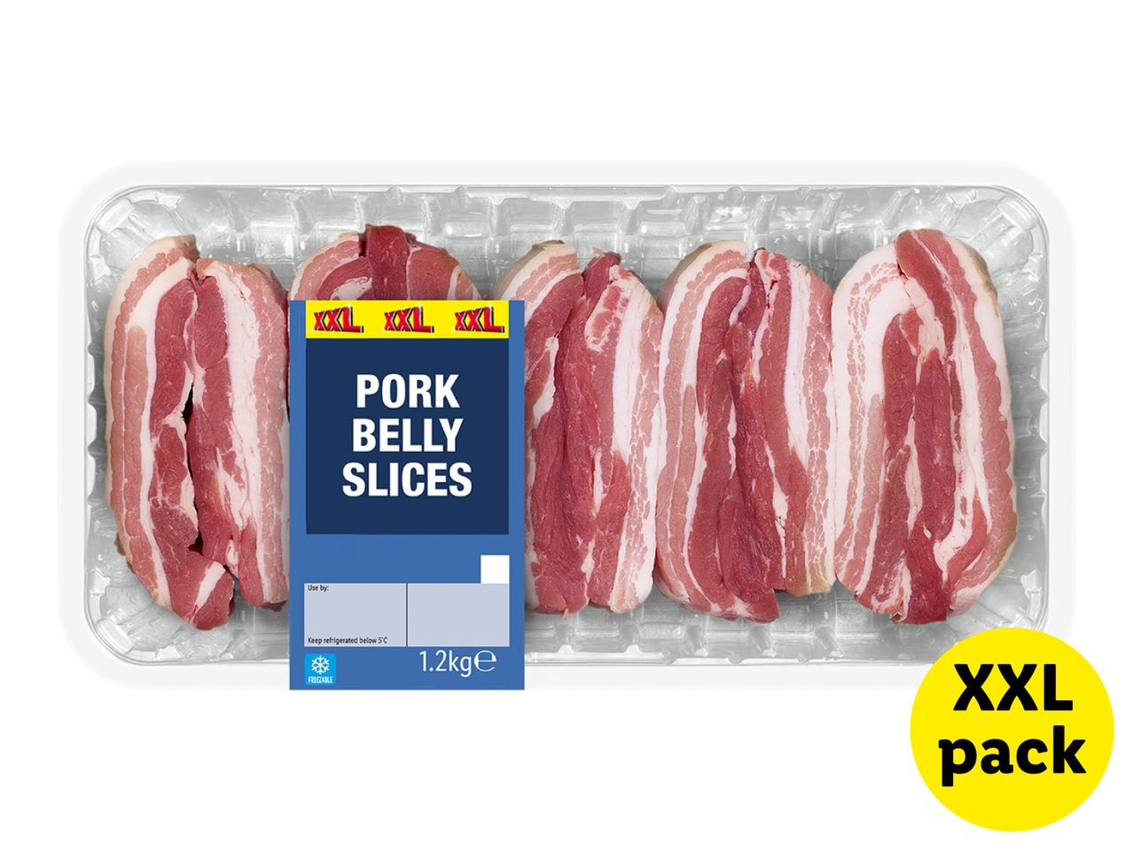 XXL pack of pork belly slices, 1.2kg, with a freezable label.