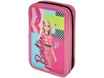 Pink Barbie pencil case with a graphic of Barbie in a pink and red dress.