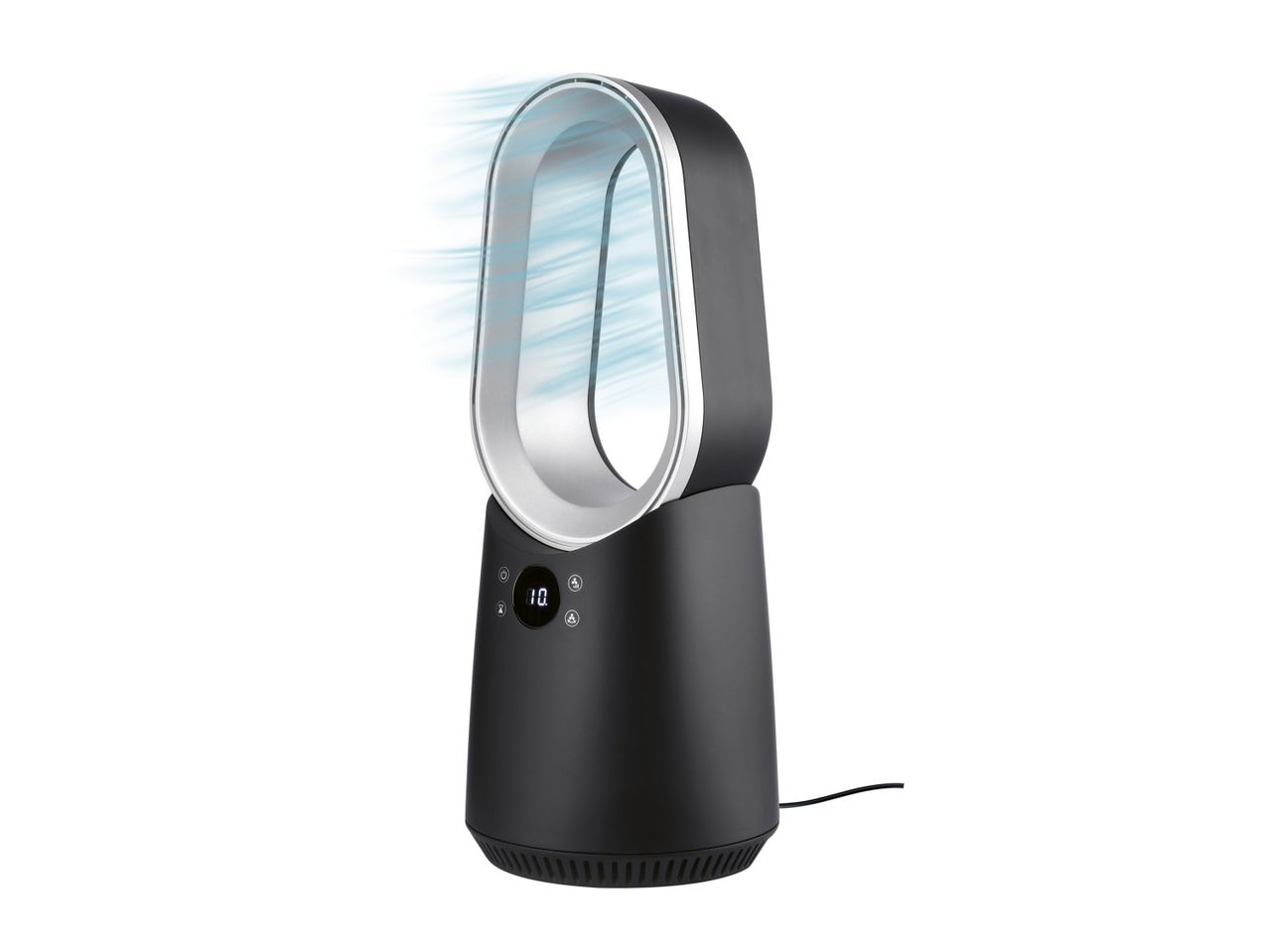 A sleek, black Dyson bladeless fan.