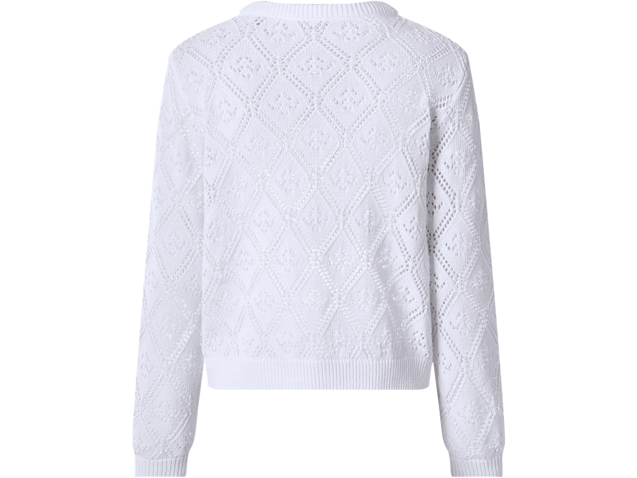 Camisola branca de manga comprida para mulher com padrão de losangos vazados.