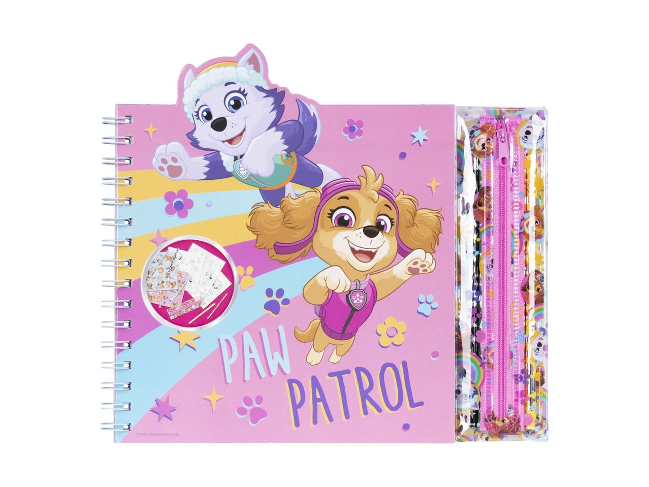 Pink notesbog med Paw Patrol-figurer og et penalhus med lynlås.