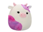 Squishmallows plush toy, a white cow with pink and purple tie-dye patches.