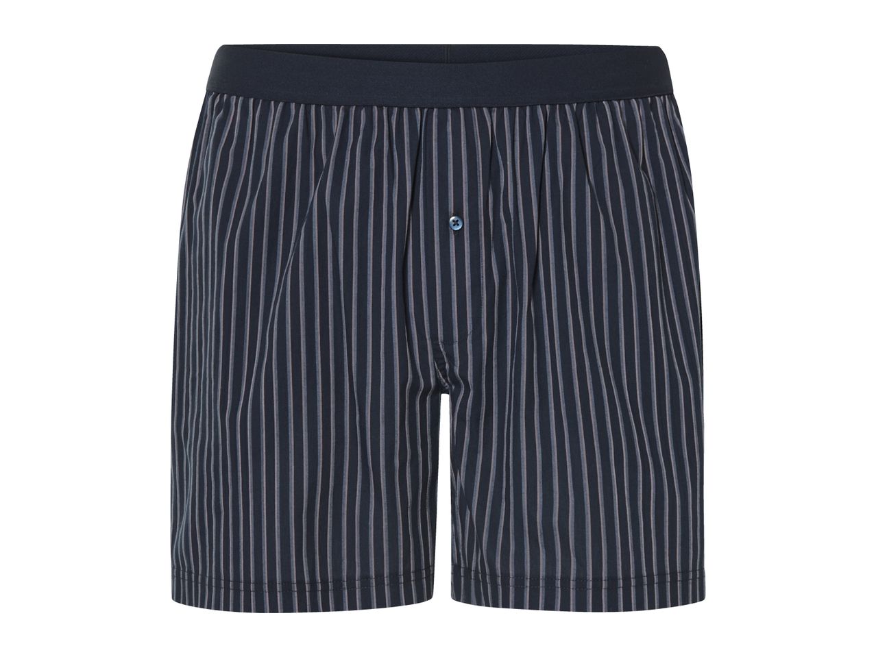 Navy blue striped boxer shorts with an elastic waistband.