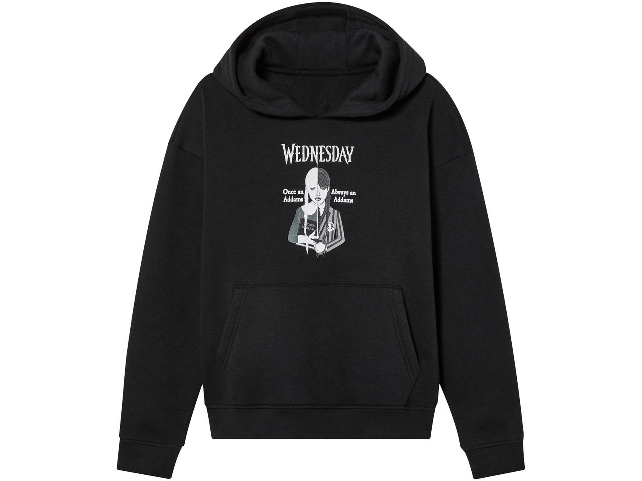 Black hoodie with a Wednesday Addams graphic and text 