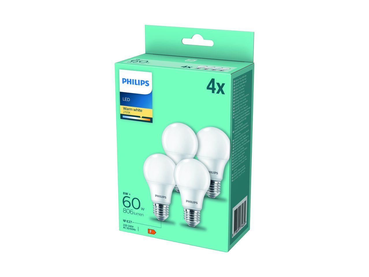 A pack of four LED light bulbs, 8W equivalent to 60W, 806 lumens, warm white 2700K.