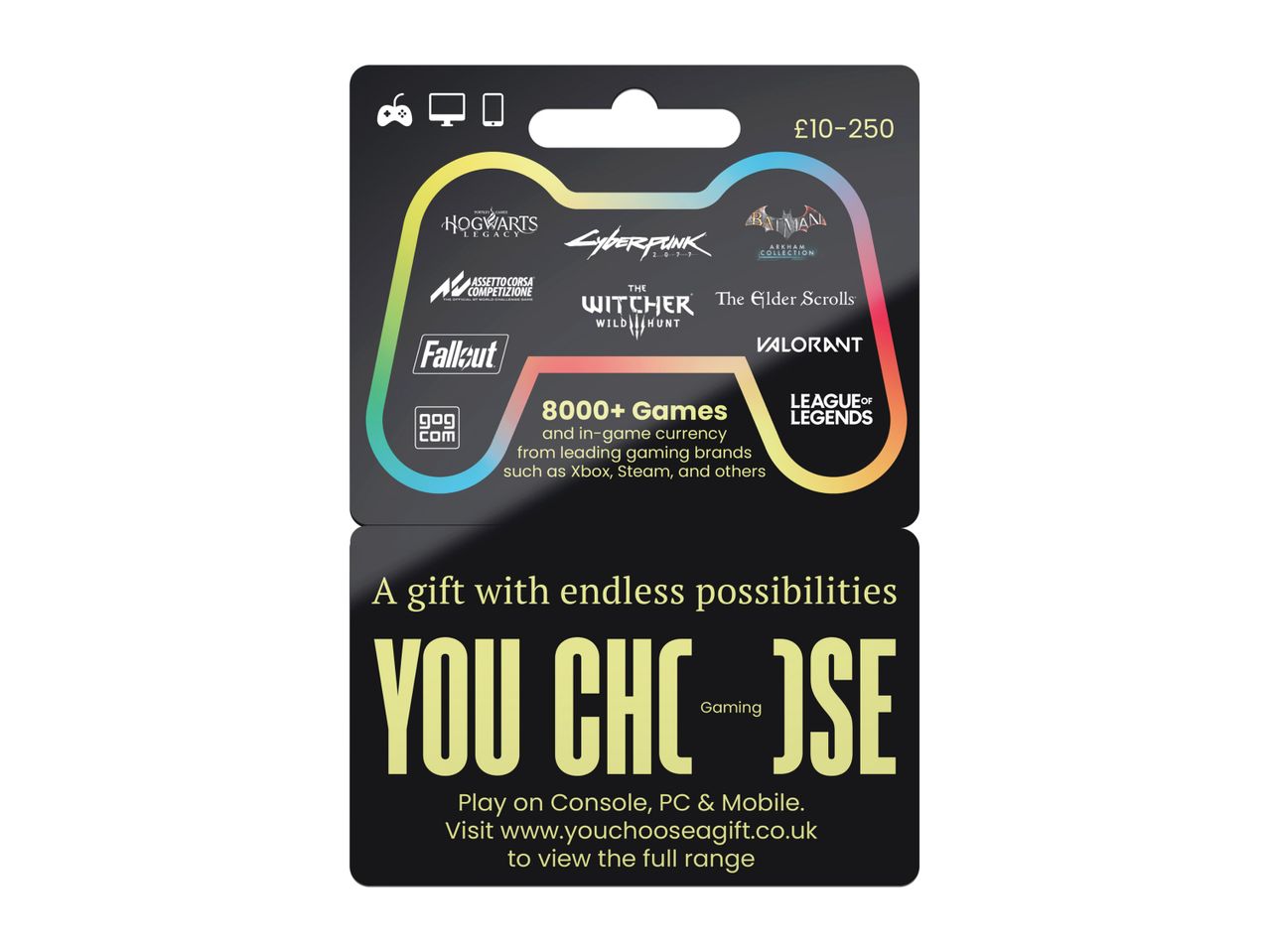 Gaming gift card featuring popular titles like Hogwarts Legacy, Cyberpunk, The Witcher, and Fallout.