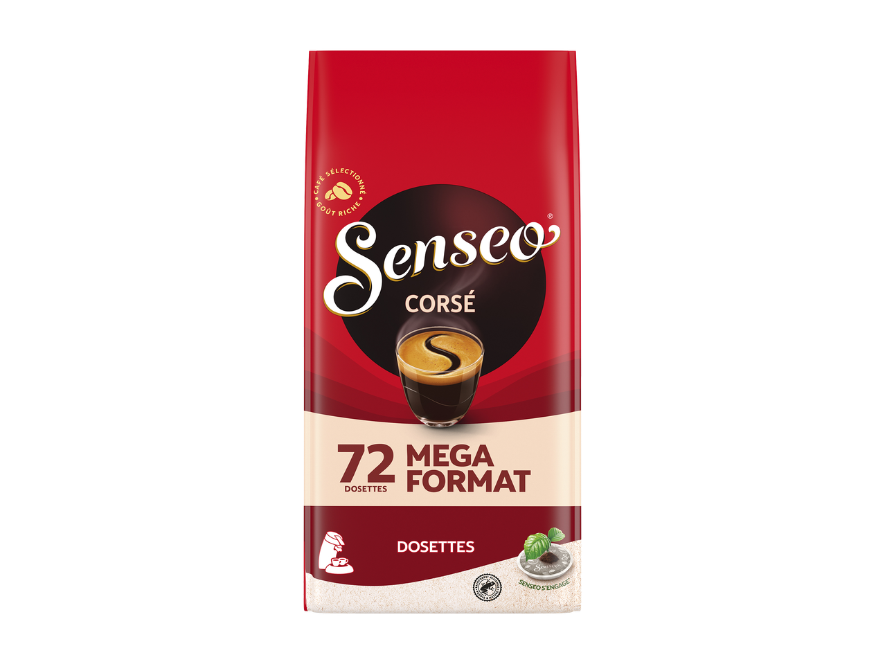 Paquet de dosettes de café corsé, format méga de 72 dosettes.