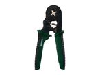 Crimping pliers with green and black handles, featuring a spring mechanism and crimping dies.
