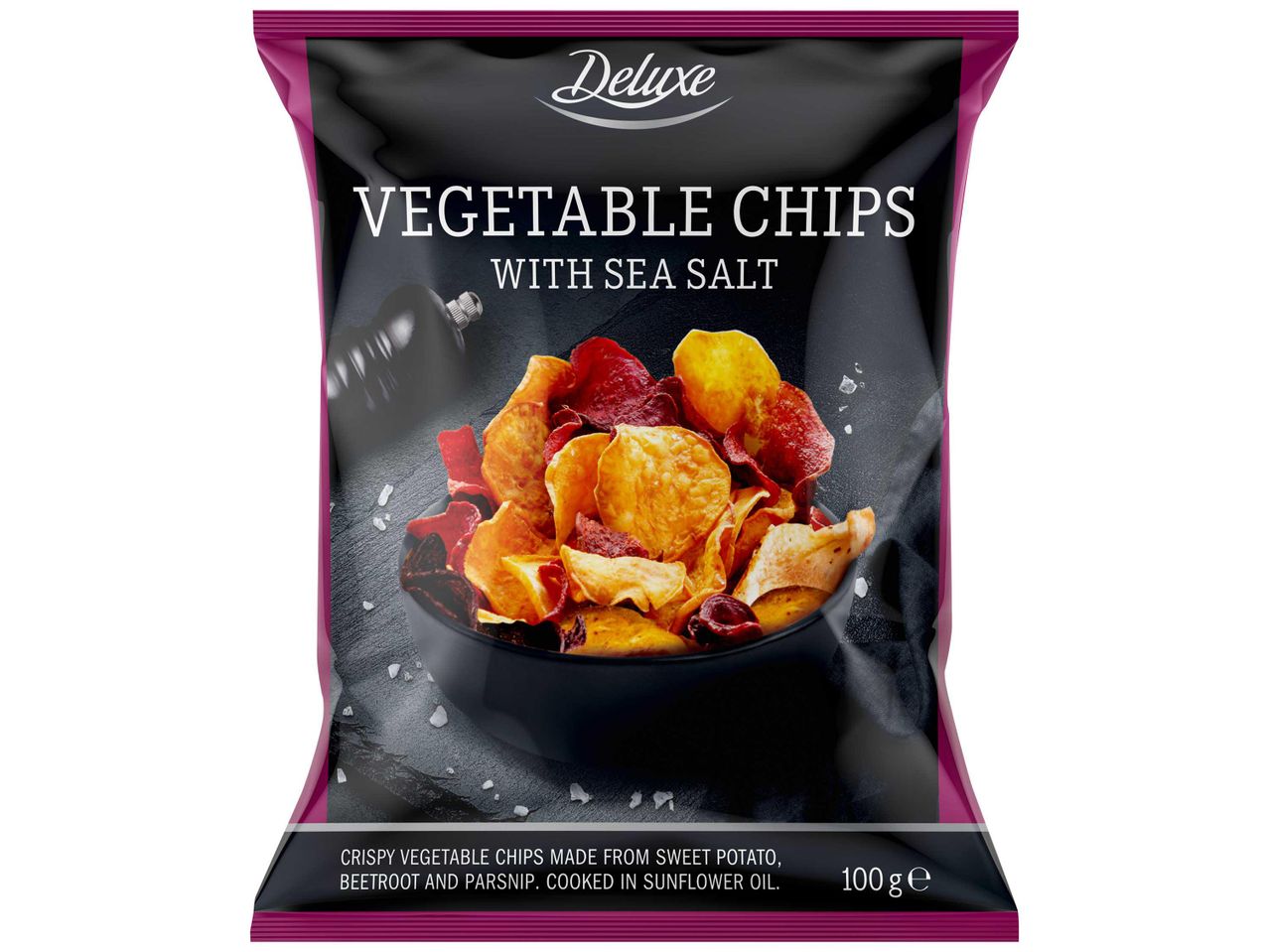 Delacre márkájú, tengeri sóval ízesített zöldségchips.