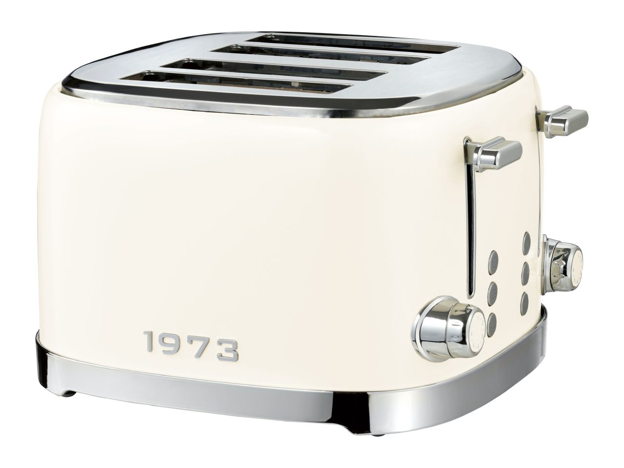 Cream-colored retro 4-slice toaster with chrome details and '1973' lettering