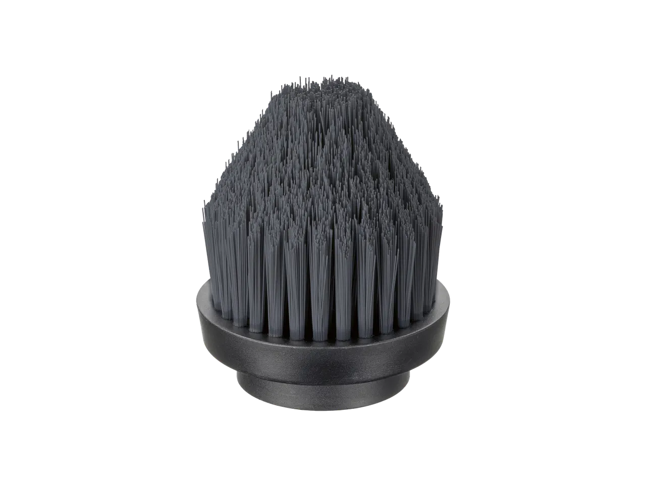 Kerek, fekete tisztítókefe, sűrű, szürke sörtékkel, fekete alapon.