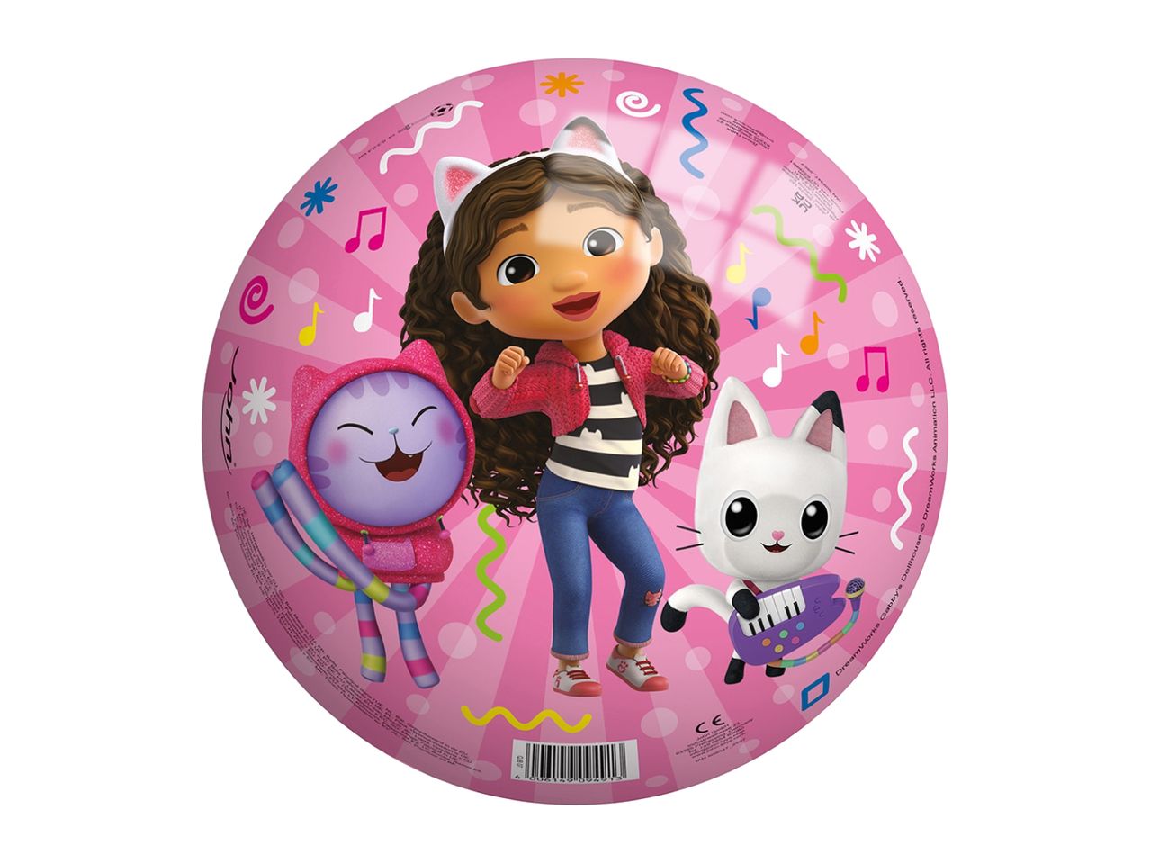 Pink ball with cartoon characters, music notes, and confetti, featuring a girl with cat ears and two cat figures.